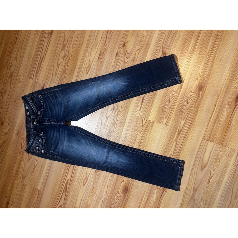 Miss Me Straight Leg Jeans Dark Wash Distressed Wing Flap Pocket JE5616T4N 27 - Picture 2 of 7